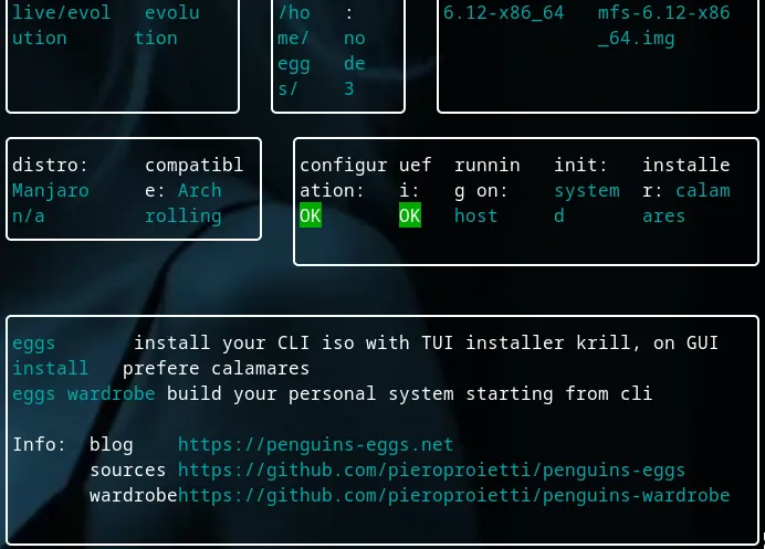 A terminal window displaying the output of the 'penguin-eggs status' command, showing system details and progress during the creation of a custom ISO with Penguin Eggs.